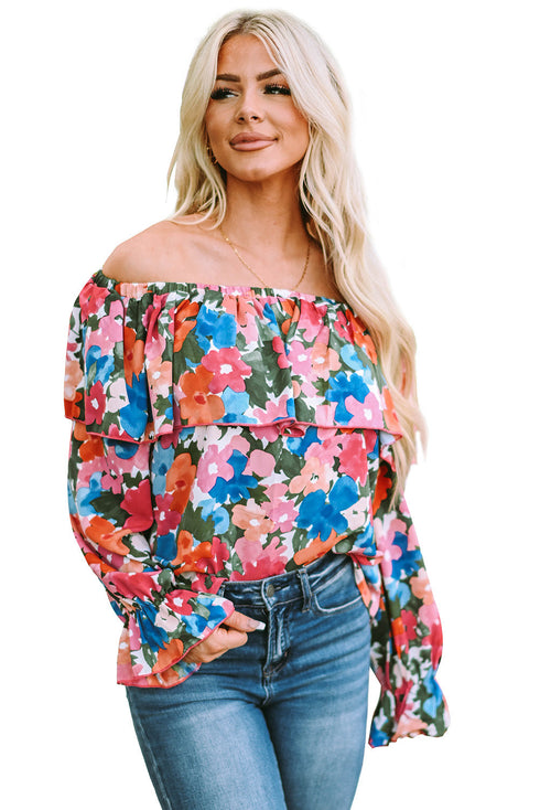 Romantic Floral Print Ruffle Trim Off Shoulder Blouse