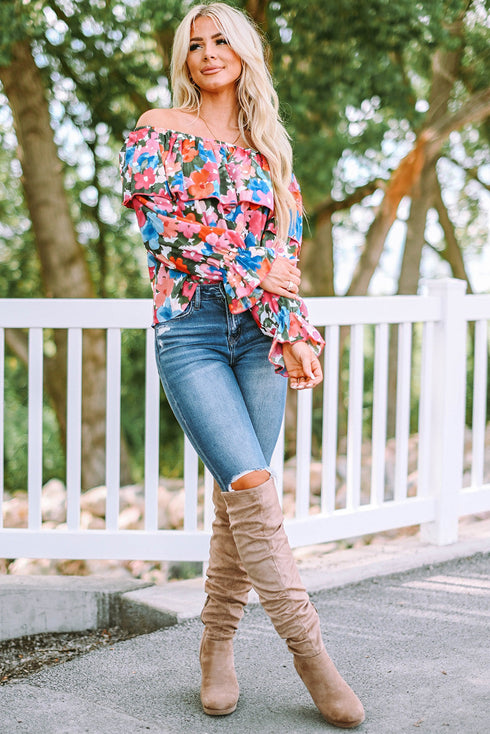 Romantic Floral Print Ruffle Trim Off Shoulder Blouse