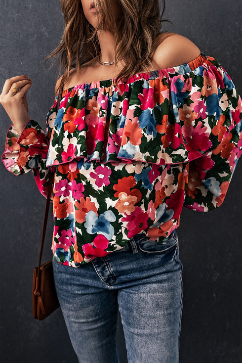 Romantic Floral Print Ruffle Trim Off Shoulder Blouse