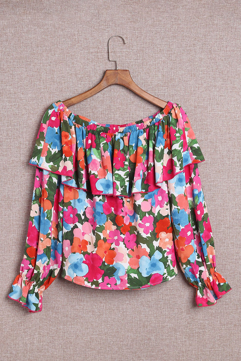 Romantic Floral Print Ruffle Trim Off Shoulder Blouse