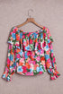 Romantic Floral Print Ruffle Trim Off Shoulder Blouse
