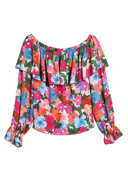 Romantic Floral Print Ruffle Trim Off Shoulder Blouse