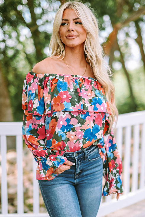 Romantic Floral Print Ruffle Trim Off Shoulder Blouse