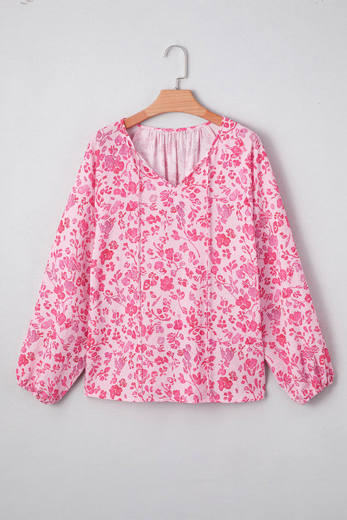 Romantic Floral Print Split Neck Puff Sleeve Blouse