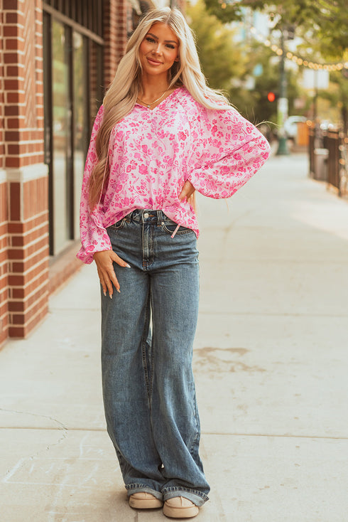 Romantic Floral Print Split Neck Puff Sleeve Blouse