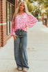 Romantic Floral Print Split Neck Puff Sleeve Blouse