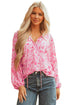 Romantic Floral Print Split Neck Puff Sleeve Blouse