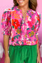 Romantic Floral Print Split Neck Puff Sleeve Blouse