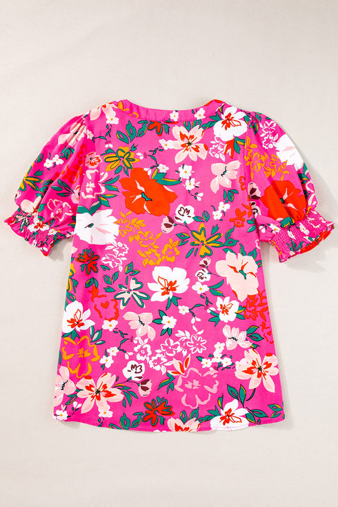 Romantic Floral Print Split Neck Puff Sleeve Blouse