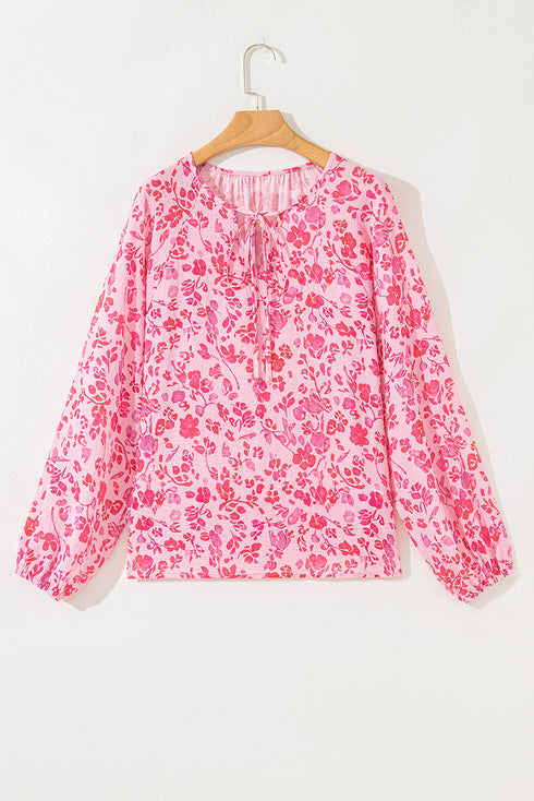 Romantic Floral Print Split Neck Puff Sleeve Blouse