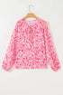 Romantic Floral Print Split Neck Puff Sleeve Blouse