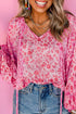Romantic Floral Print Split Neck Puff Sleeve Blouse