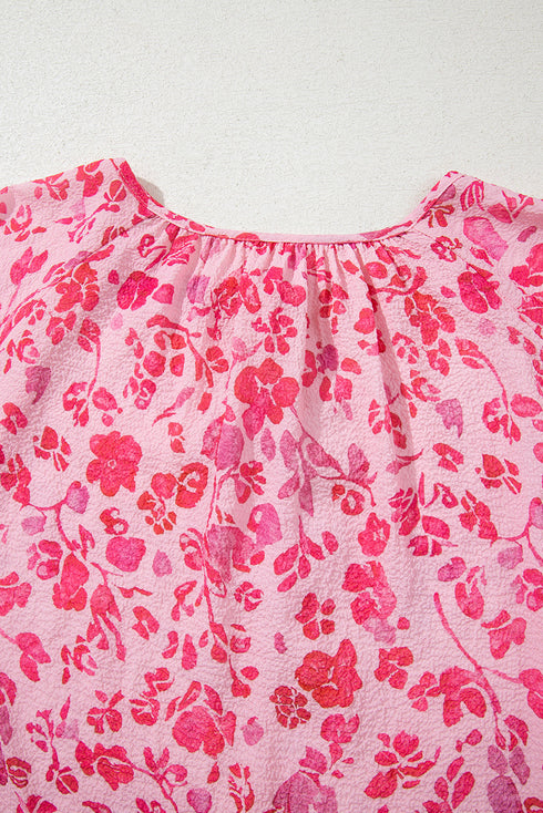 Romantic Floral Print Split Neck Puff Sleeve Blouse