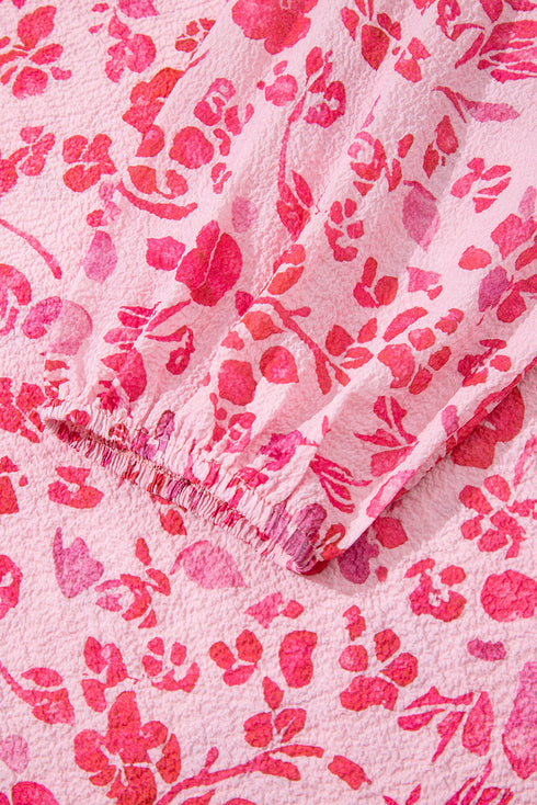 Romantic Floral Print Split Neck Puff Sleeve Blouse