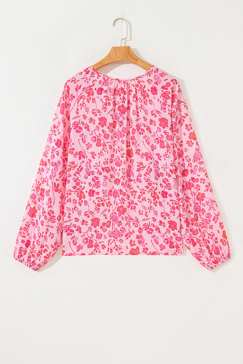 Romantic Floral Print Split Neck Puff Sleeve Blouse
