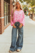 Romantic Floral Print Split Neck Puff Sleeve Blouse