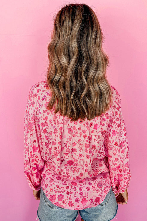 Romantic Floral Print Split Neck Puff Sleeve Blouse