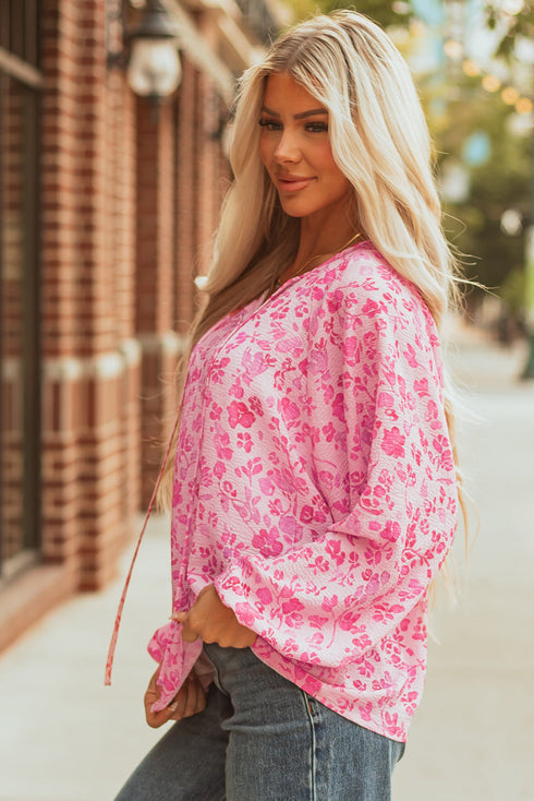 Romantic Floral Print Split Neck Puff Sleeve Blouse