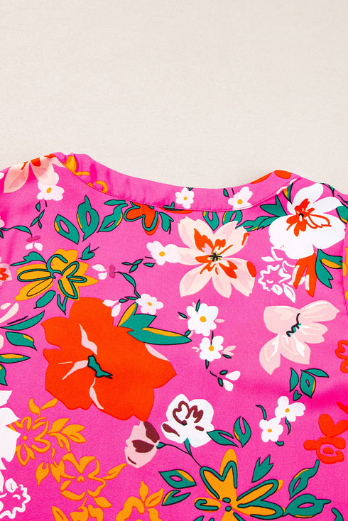 Romantic Floral Print Split Neck Puff Sleeve Blouse