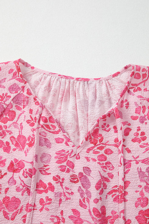 Romantic Floral Print Split Neck Puff Sleeve Blouse