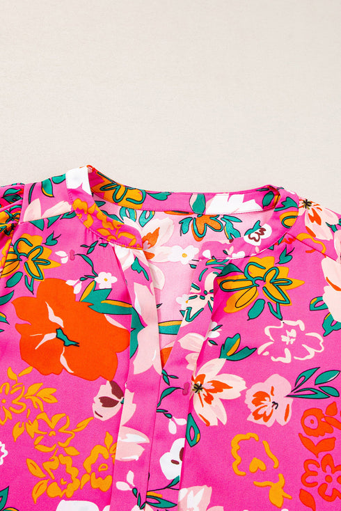 Romantic Floral Print Split Neck Puff Sleeve Blouse