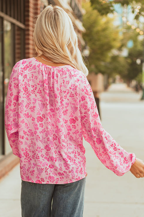 Romantic Floral Print Split Neck Puff Sleeve Blouse