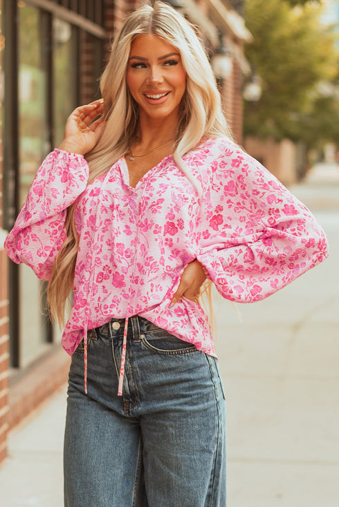 Romantic Floral Print Split Neck Puff Sleeve Blouse