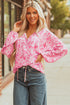 Romantic Floral Print Split Neck Puff Sleeve Blouse