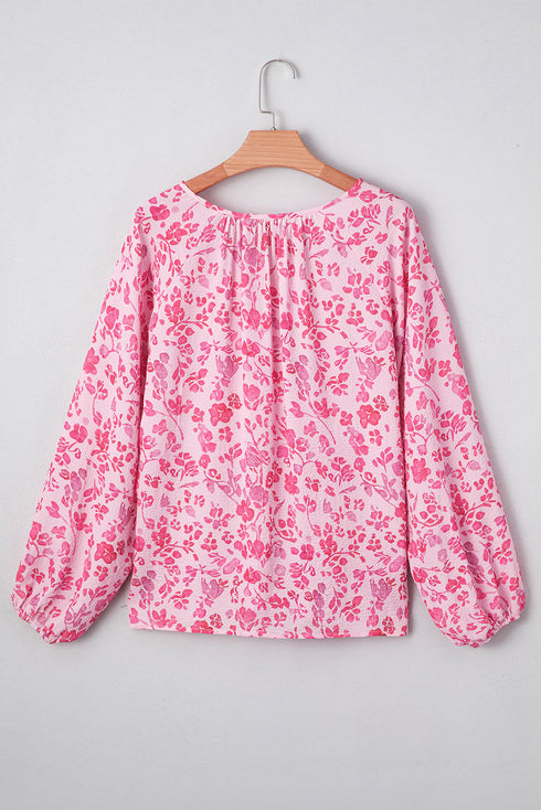 Romantic Floral Print Split Neck Puff Sleeve Blouse