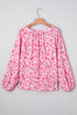 Romantic Floral Print Split Neck Puff Sleeve Blouse