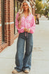 Romantic Floral Print Split Neck Puff Sleeve Blouse