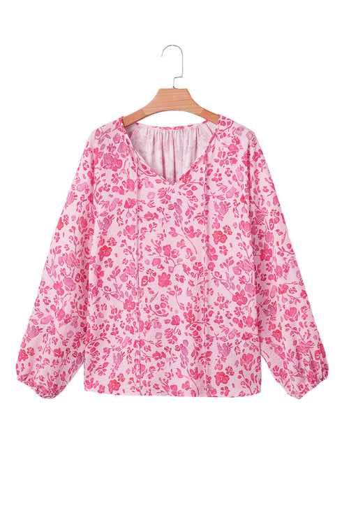 Romantic Floral Print Split Neck Puff Sleeve Blouse