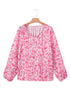 Romantic Floral Print Split Neck Puff Sleeve Blouse