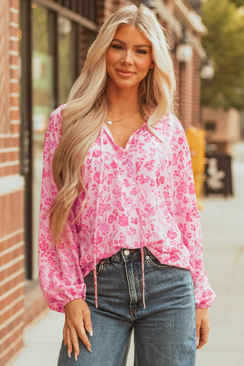Romantic Floral Print Split Neck Puff Sleeve Blouse