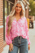 Romantic Floral Print Split Neck Puff Sleeve Blouse