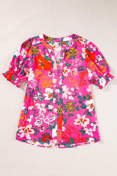 Romantic Floral Print Split Neck Puff Sleeve Blouse