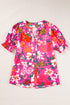 Romantic Floral Print Split Neck Puff Sleeve Blouse