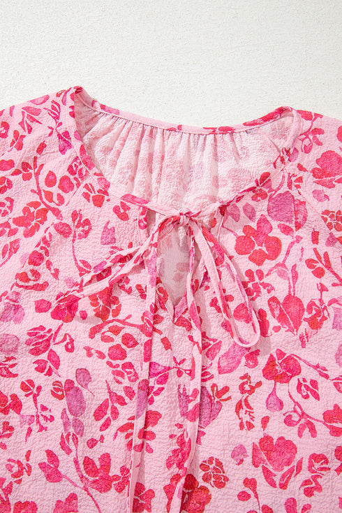 Romantic Floral Print Split Neck Puff Sleeve Blouse