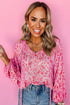 Romantic Floral Print Split Neck Puff Sleeve Blouse