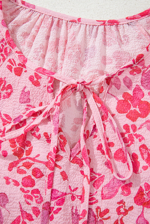 Romantic Floral Print Split Neck Puff Sleeve Blouse