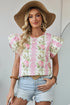 Romantic Garden Floral Tiered Ruffle Sleeve Cotton Blouse