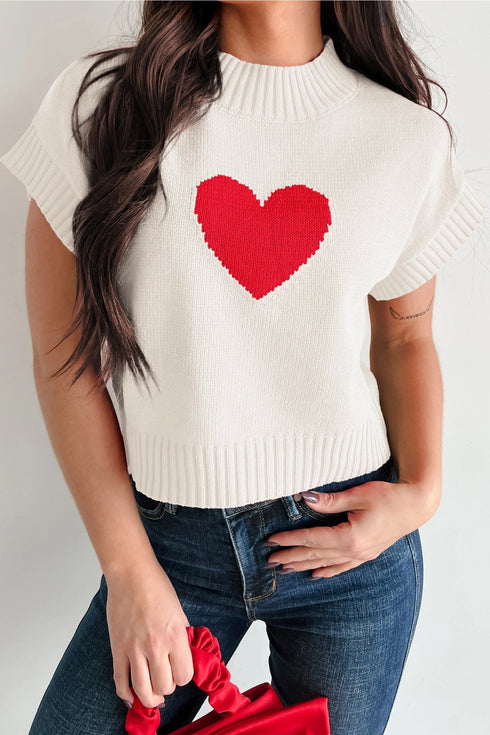 Romantic Heart Graphic Cropped Summer Knit Short Sleeve Sweater