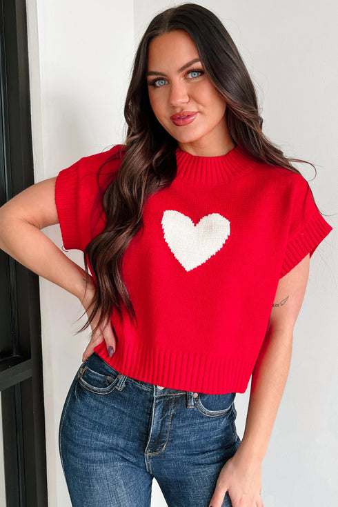 Romantic Heart Graphic Cropped Summer Knit Short Sleeve Sweater
