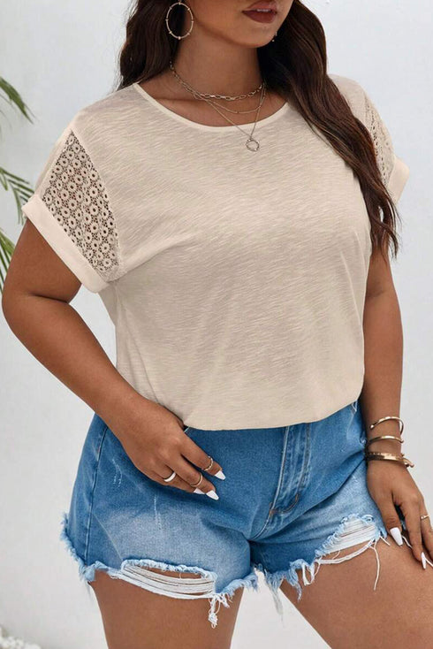 Romantic Lace Patchwork Short Sleeve Round Neck Plus Size Casual Top