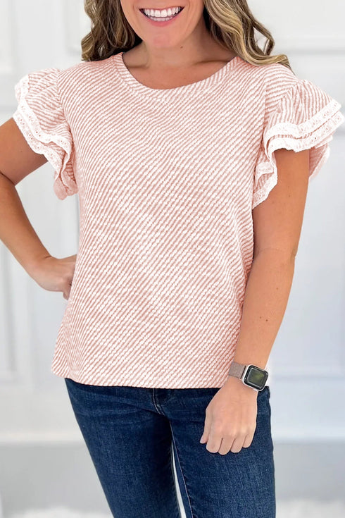 Romantic Lace Trimmed Ruffle Sleeve Floral Print Blouse