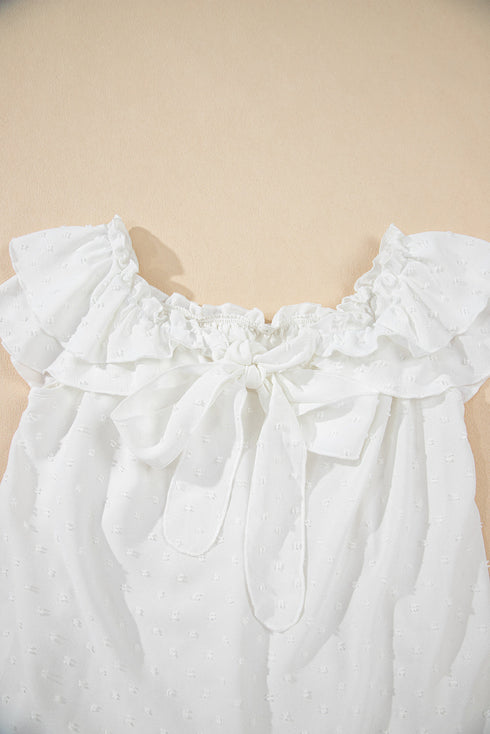 Romantic Off Shoulder Ruffle Knotted Swiss Dot Blouse Top