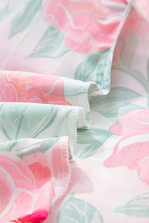 Romantic Rose Print Ruffle Trim V Neck Short Sleeve Blouse