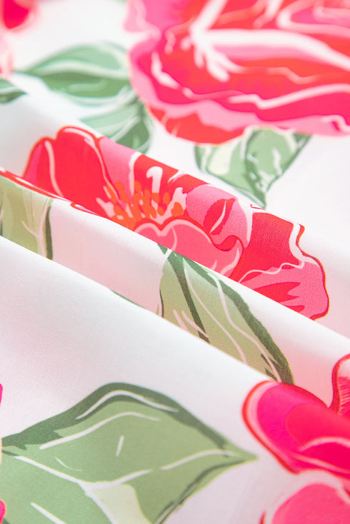 Romantic Rose Print Ruffle Trim V Neck Short Sleeve Blouse