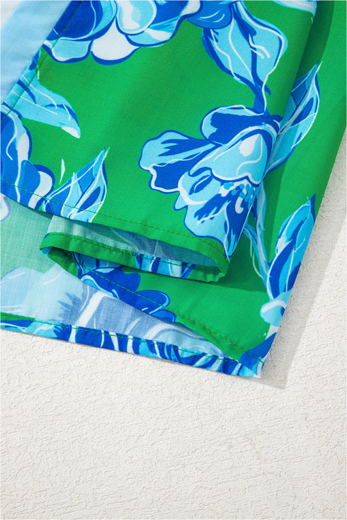 Romantic Rose Print Ruffle Trim V Neck Short Sleeve Blouse