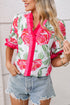 Romantic Rose Print Ruffle Trim V Neck Short Sleeve Blouse